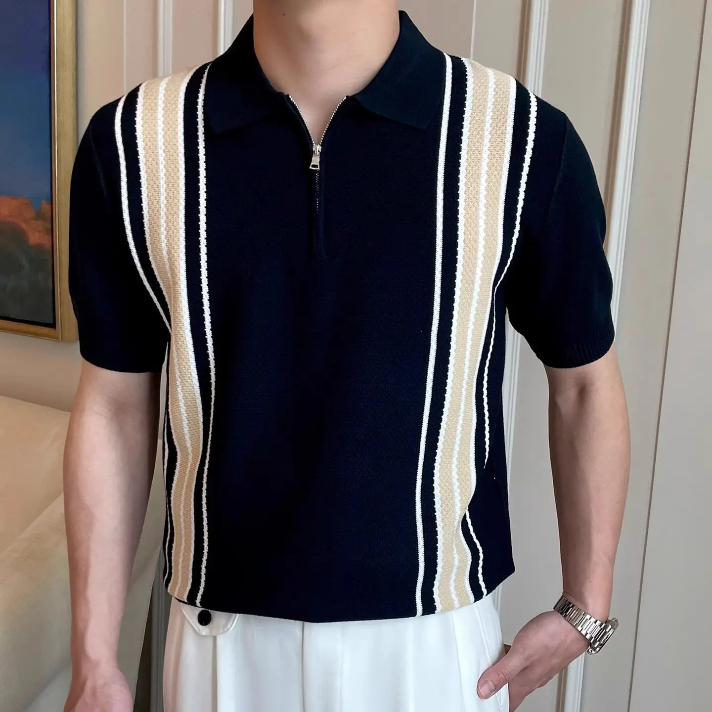 Summer New Mens Retro Color-Block Pineapple-Pattern Jacquard