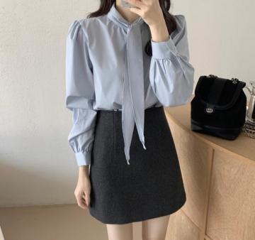 Spring New Gentle Lace-up Bow Tie Design Puff Sleeve Solid Color Shirt For Women