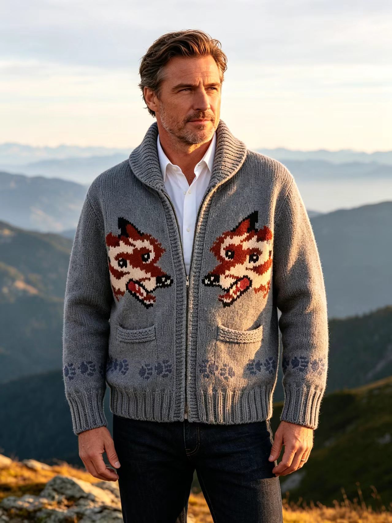 Fox-Pattern Jacquard Zip Cardigan, picture 4 of 8