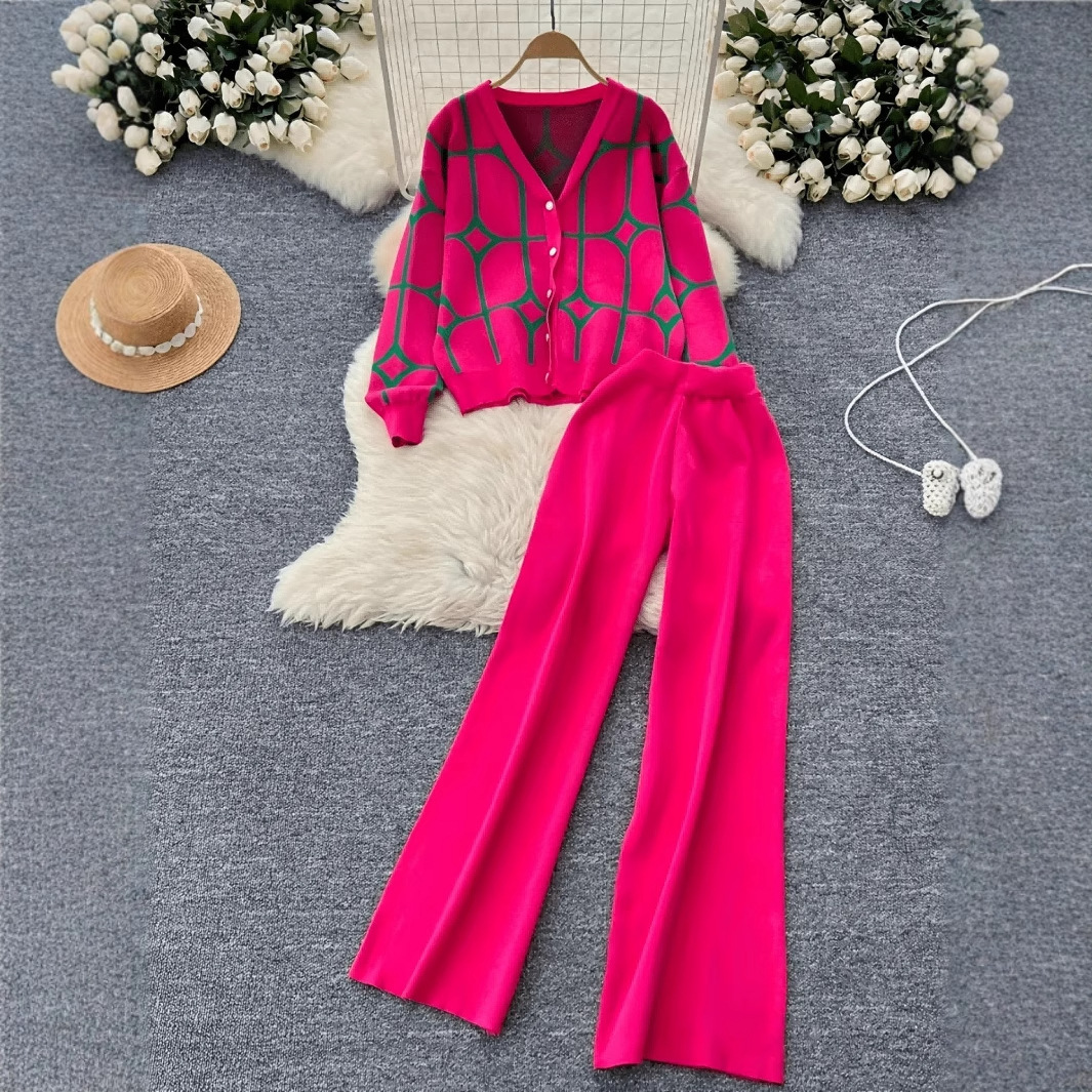 Autumn Jacquard V-Neck Cardigan Chic Knitted Two-Piece Set For Women