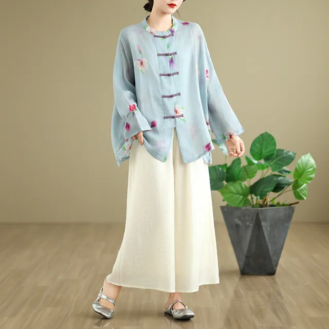 Ramie Frog Button Cardigan Coat All match Suit Flower Basket Top Pants - Shop at LoveMi