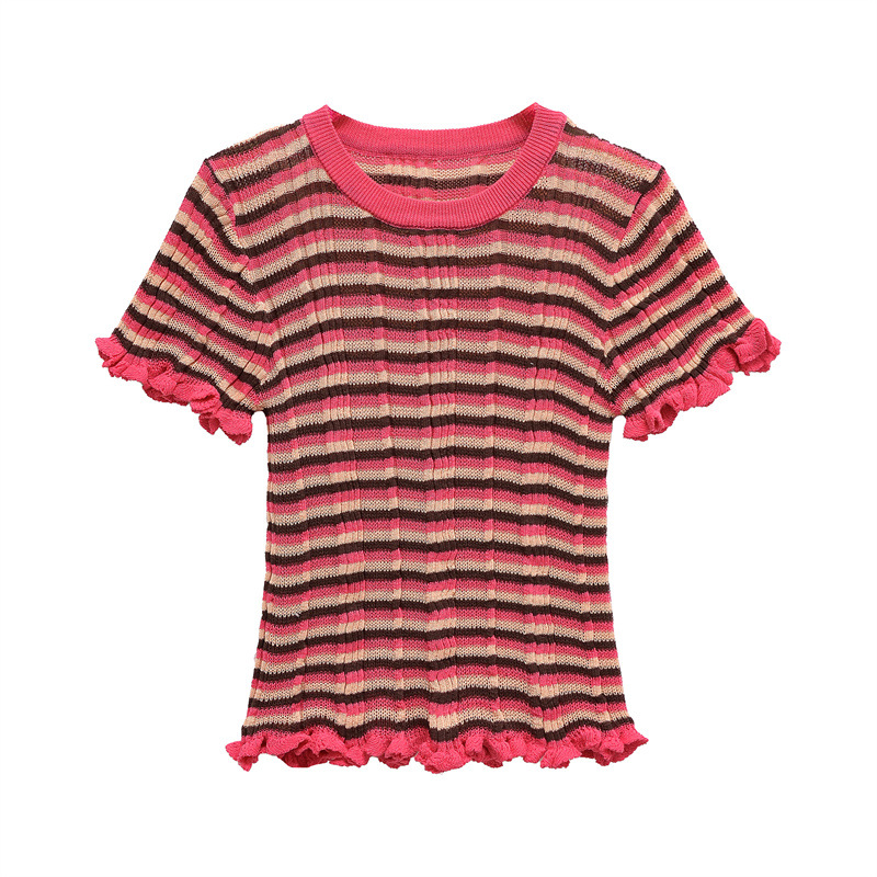 Simple Style Striped Round Neck Laminated Decoration Striped T-shirt