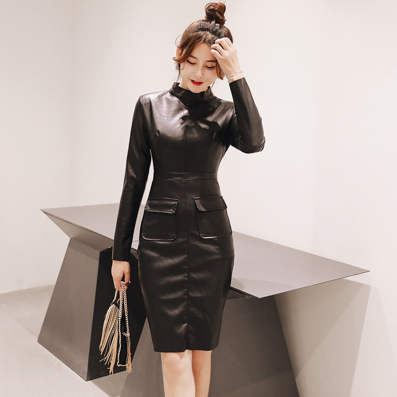 Stand Collar PU Leather Slim-fit Sheath Long Sleeve Mid-length Temperament Dress