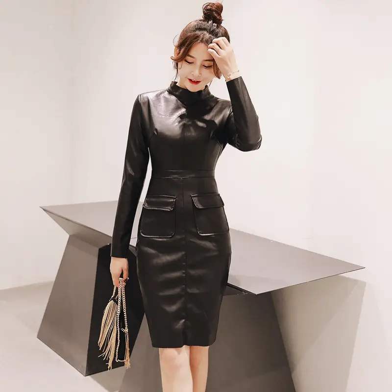 Stand Collar PU Leather Slim-fit Sheath Long Sleeve Mid-length Temperament Dress