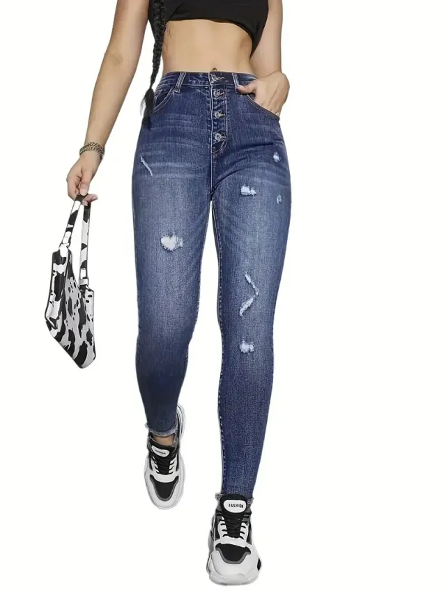 Women's High Waist Tight Pencil Pants Ripped Blue - Shop at LoveMi