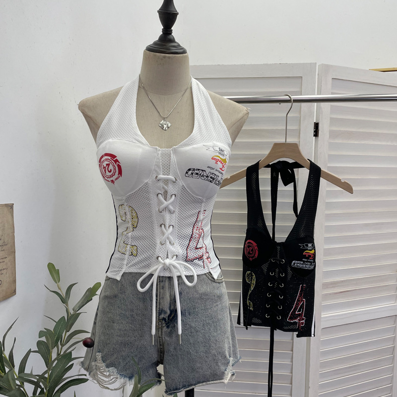 American Hot Girl Jersey Hollow-out Low-cut Halterneck Printed Lace-up Vest