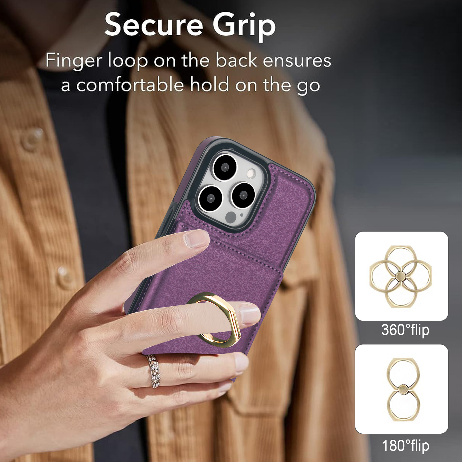 Phone Case With A Flip Card Holder Suitable For Use With A Ring Stand