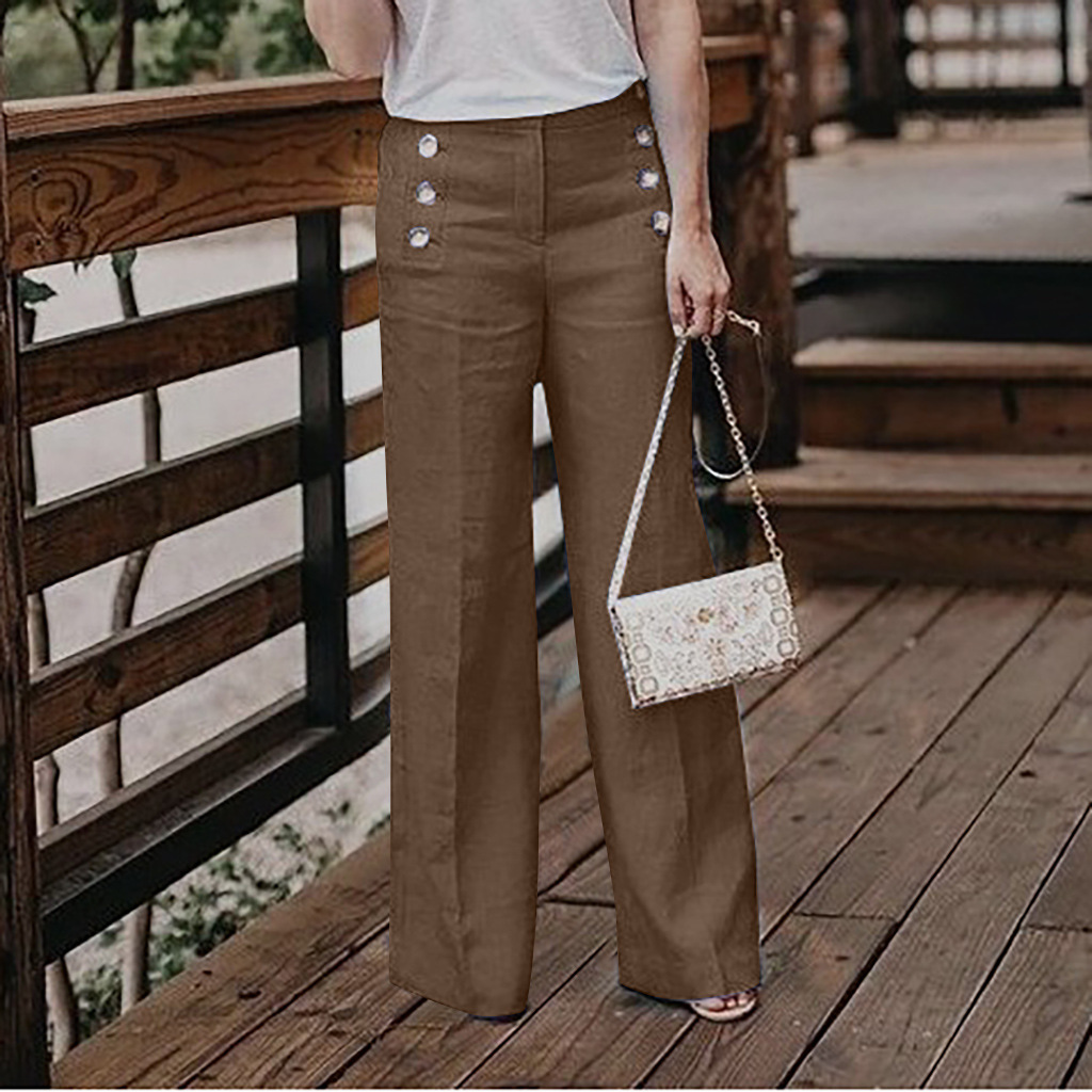 Women's High-Waisted Casual Cotton-Linen Wide-Leg Pants With Buttons