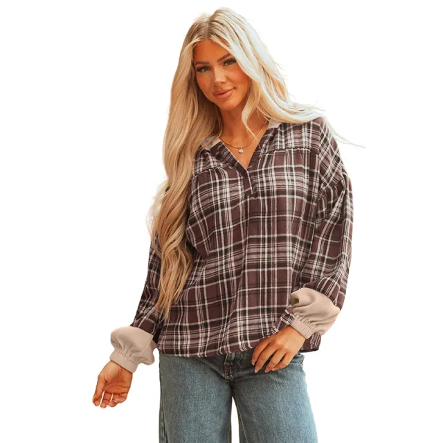 Women's European And American Leisure All match Plaid Printed Loose Top Brown - Shop at LoveMi