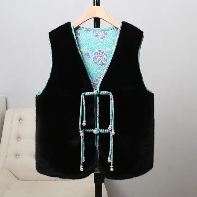 Double sided Retro Buckle For Women Mink Fur Vest Black - Shop at LoveMi