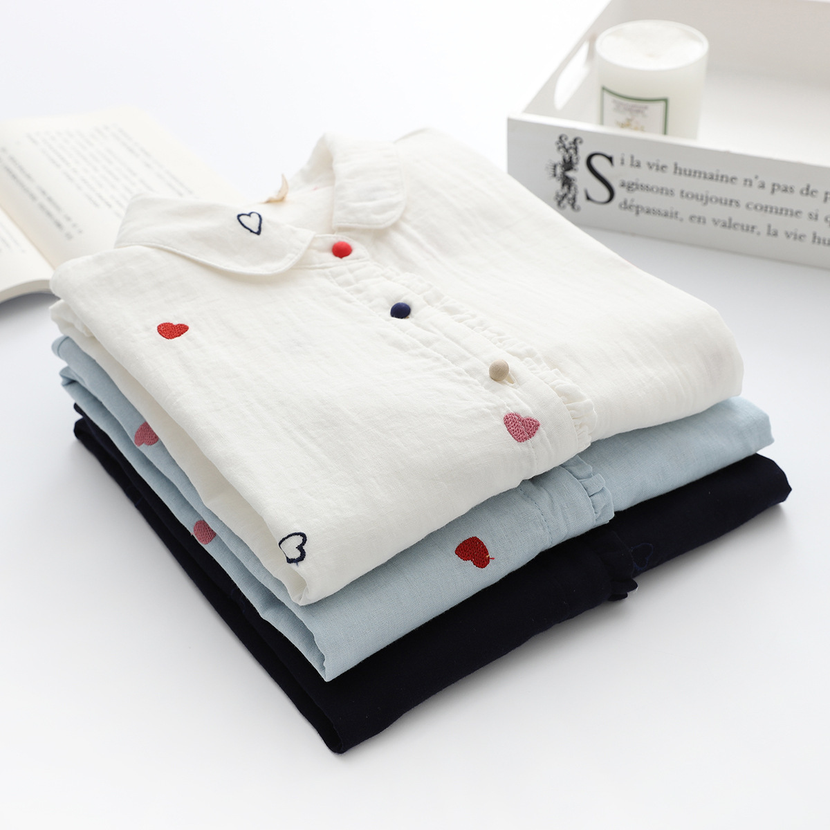 Artistic Double-layer Cotton Yarn Doll Collar Printed Long-sleeved Shirt