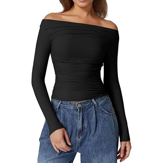 European And American Women's Clothing Top Off shoulder Long Sleeve T shirt Black - Shop at LoveMi