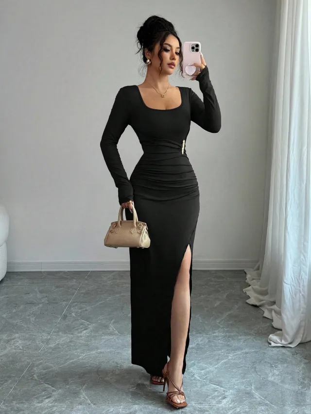 Women's Solid Color Slimming Knitted Long Sleeve Split Dress Black - Shop at LoveMi