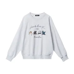 Round Neck Loose Retro Sweater Embroidered Design Long Sleeve - Light Grey - View 1