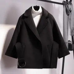 Women's Loose Wool Lightly Mature Waist Trimming Short Coat - Black - View 1