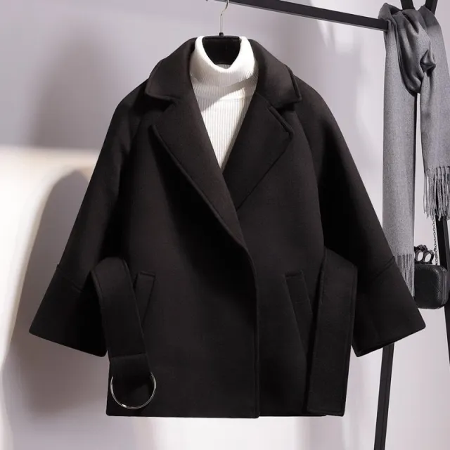 Women's Loose Wool Lightly Mature Waist Trimming Short Coat Black - Shop at LoveMi