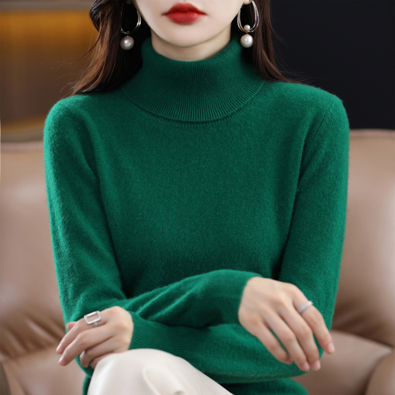 Lapel Sweater Women's Autumn And Winter Women's Solid Color Turtleneck Knitting Bottoming Shirt Sweater Emerald - Shop at LoveMi