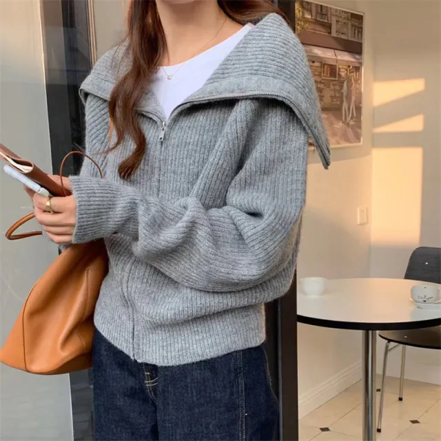 Korean Style Idle Style Large Lapel Knitted Cardigan Zipper Coat Gray - Shop at LoveMi