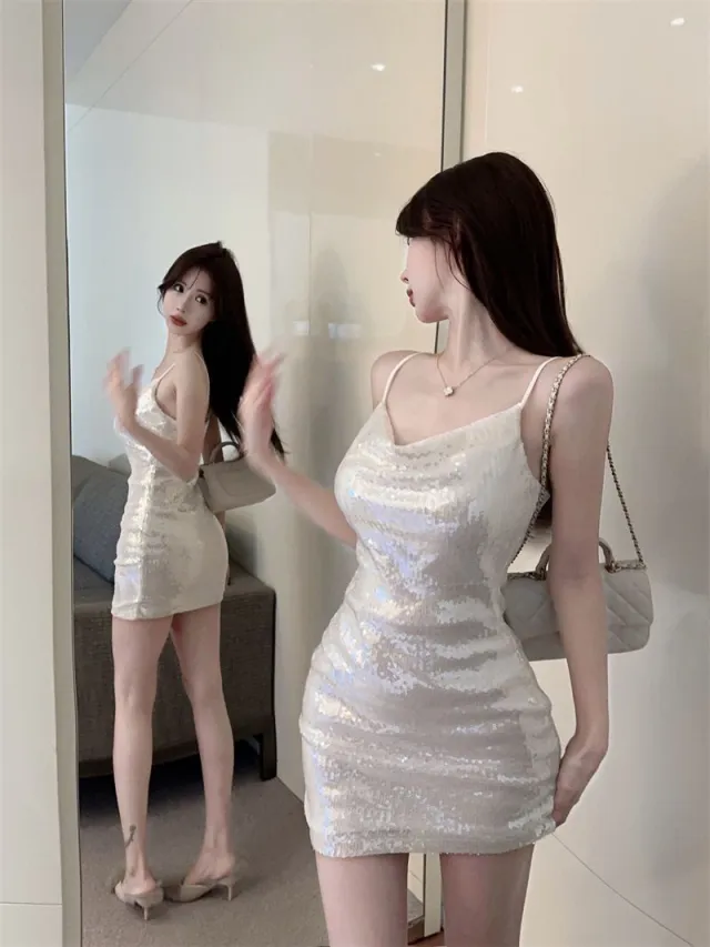 Sequin Sweetheart Neckline Babe Spaghetti Strap Dress Picture Color M - Shop at LoveMi