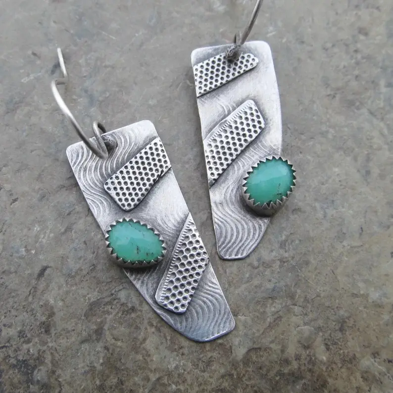 Retro Geometric Carved Pendant Earrings Turquoise Ear