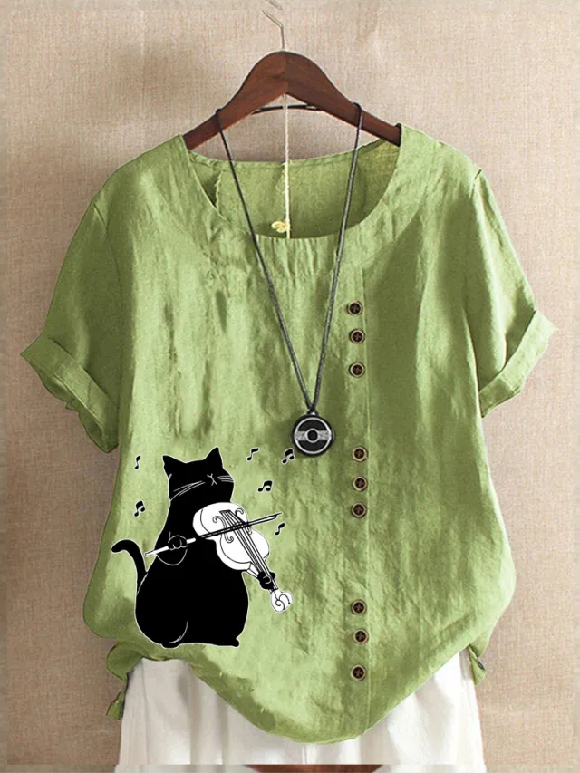 Summer Cotton And Linen Short Sleeve Top Cartoon Printed T shirt Green - Shop at LoveMi