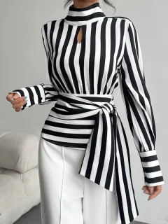 Vintage Scarf-Neck Long-Sleeve Elegant Shirt For Women - Black - View 1