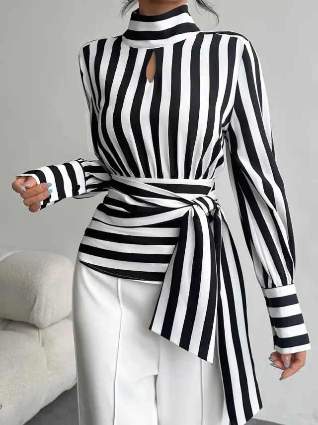 Vintage Scarf Neck Long Sleeve Elegant Shirt For Women Black - Shop at LoveMi