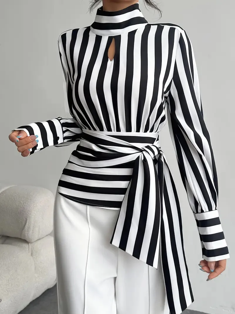 Vintage Scarf-Neck Long-Sleeve Elegant Shirt For Women - Black