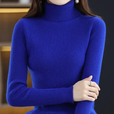 Autumn And Winter Women's Slim fit Pullover Knit Sweater For Layering Sapphire Blue - Shop at LoveMi