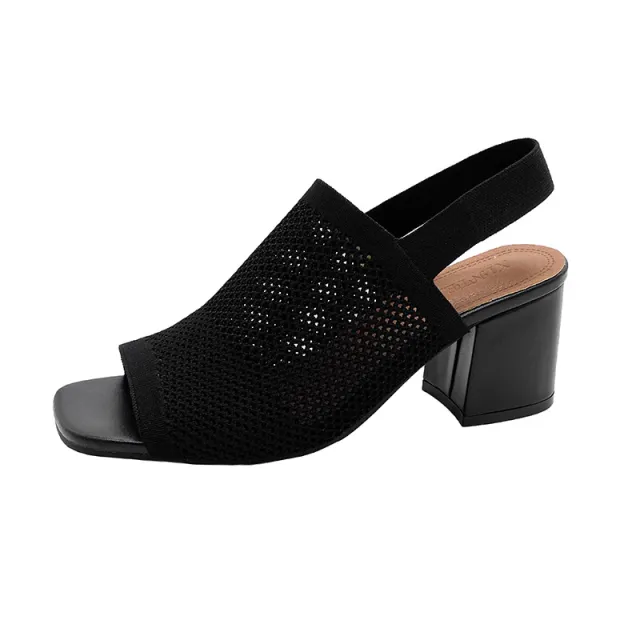 European And American Flying Woven High Heel Chunky Heel Sandals For Women Black - Shop at LoveMi