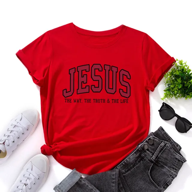 Women's JESUS Printed Loose Round Neck Short Sleeve T shirt Red - Shop at LoveMi