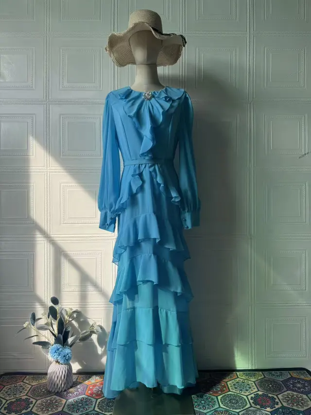 Elegant Ruffled Long sleeve Waist cinched Maxi Dress Blue - Shop at LoveMi