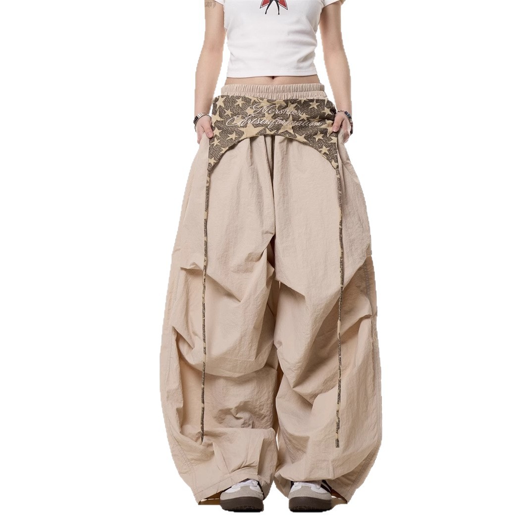 Womens Relaxed Casual American-style Layered Design Cargo Pants With Tie Details