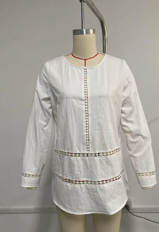 Versatile Women's Round neck Semi sheer Hollow out Long sleeve Shirt White - Shop at LoveMi