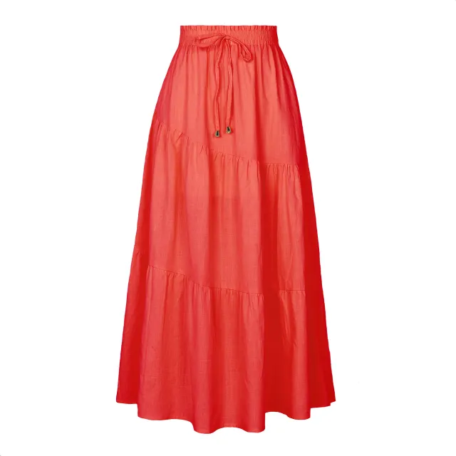 Women's High Waist Long Skirt Elastic Waist Orange - Shop at LoveMi