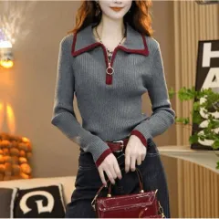 Western Style Slimming Bottoming Shirt Dinified Sweater Women - Grey - View 1