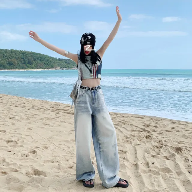 Women's Light colored Retro White Straight Wide Pants Blue - Shop at LoveMi