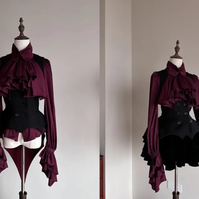 Retro Design Top Long Sleeve Shirt Gothic Style Long Sleeve Ruffled Shirt Dark Red - Shop at LoveMi