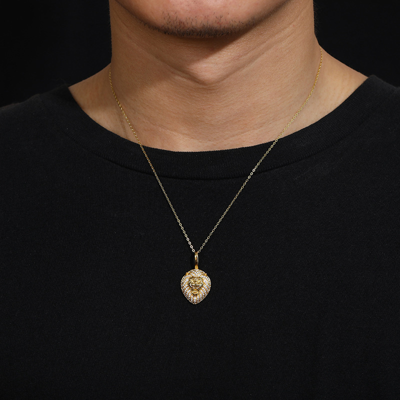 European And American Lion's Head 925 Silver Inlaid Moissanite Solid Necklace