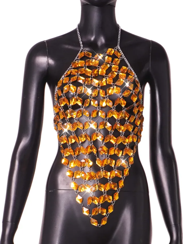 Women's Acrylic Gem Stitched Backless Vest Gold - Shop at LoveMi