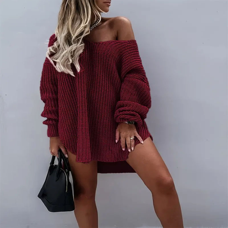 V neck Women's Top Knitted Sweater For Women Wine Red - Shop at LoveMi