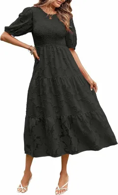 Summer Dress Floral Lace Short Sleeve High Waist - Black - View 1