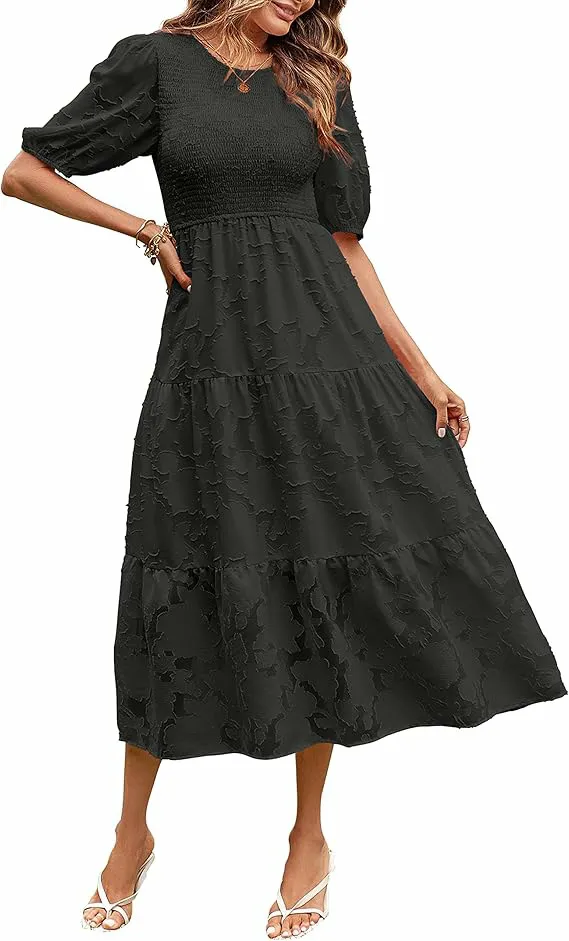 Summer Dress Floral Lace Short Sleeve High Waist Black - Shop at LoveMi