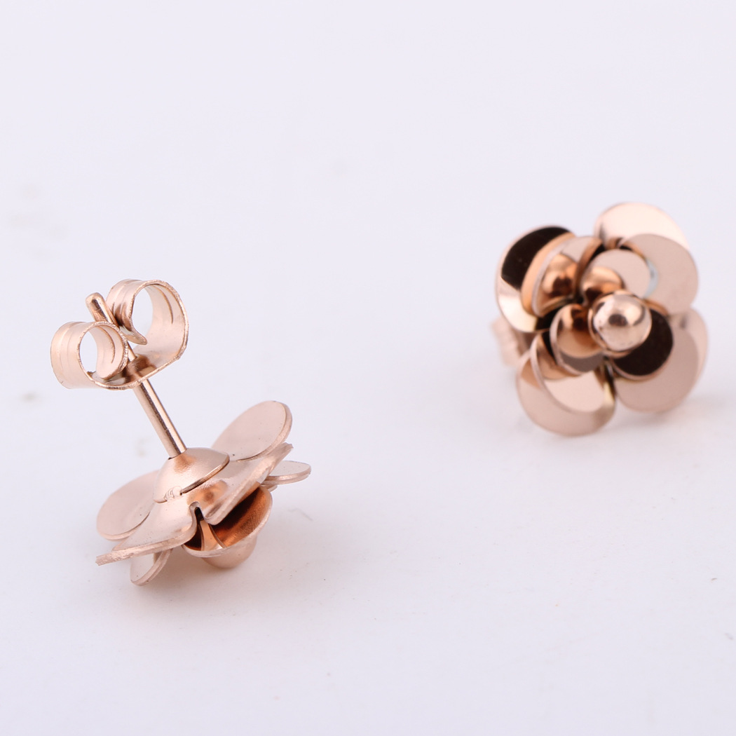 Elegant Fashionable And Sweet Camellia Rose Gold Stainless Steel Earrings