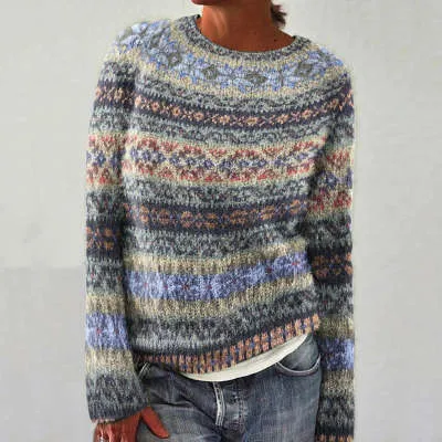 Printed Round Neck Sweater Thick Needle Fabric Color - Shop at LoveMi
