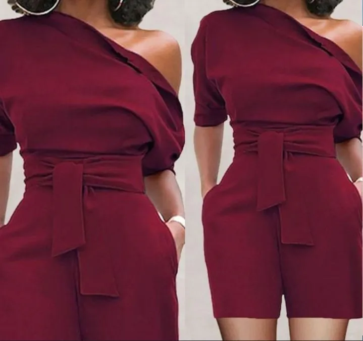 Women's Shoulder Button One-piece Shorts Suit - Purplish Red