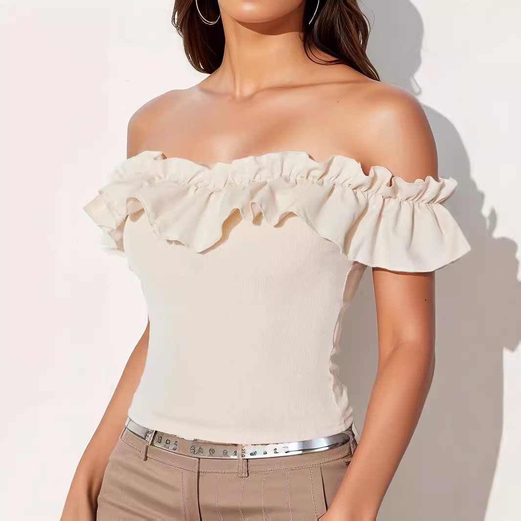 Elegant Womens Solid-Color Sexy Off-Shoulder Top With Ruffle Trim