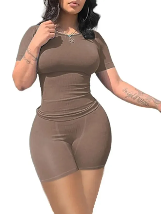 Women's Solid Color Slim fit Short sleeved Shorts Suit Brown Short - Shop at LoveMi