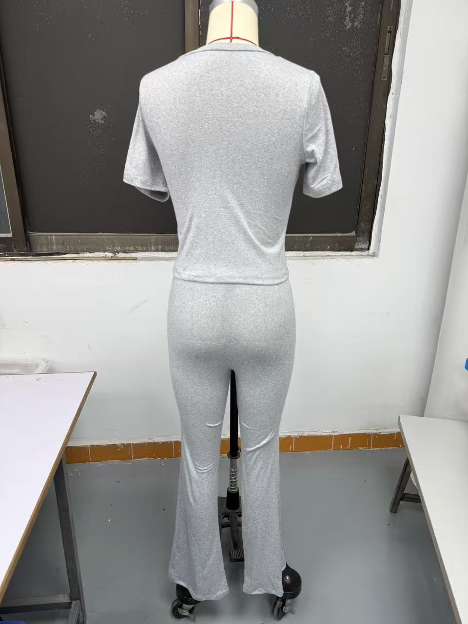 Gray crew neck short sleeve top and full-length pants two-piece set – solid color casual women's fashion