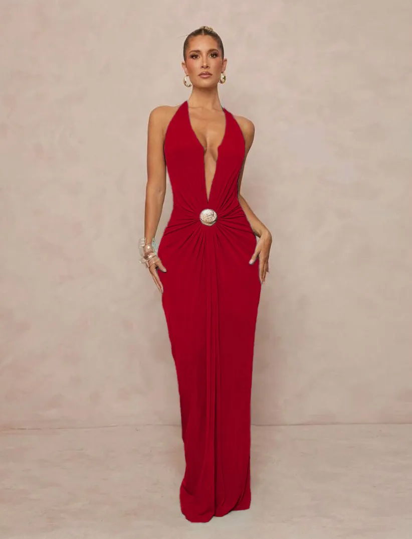 Deep V-neck Halter Dress With Open Back For Beach Vacations - Wine Red